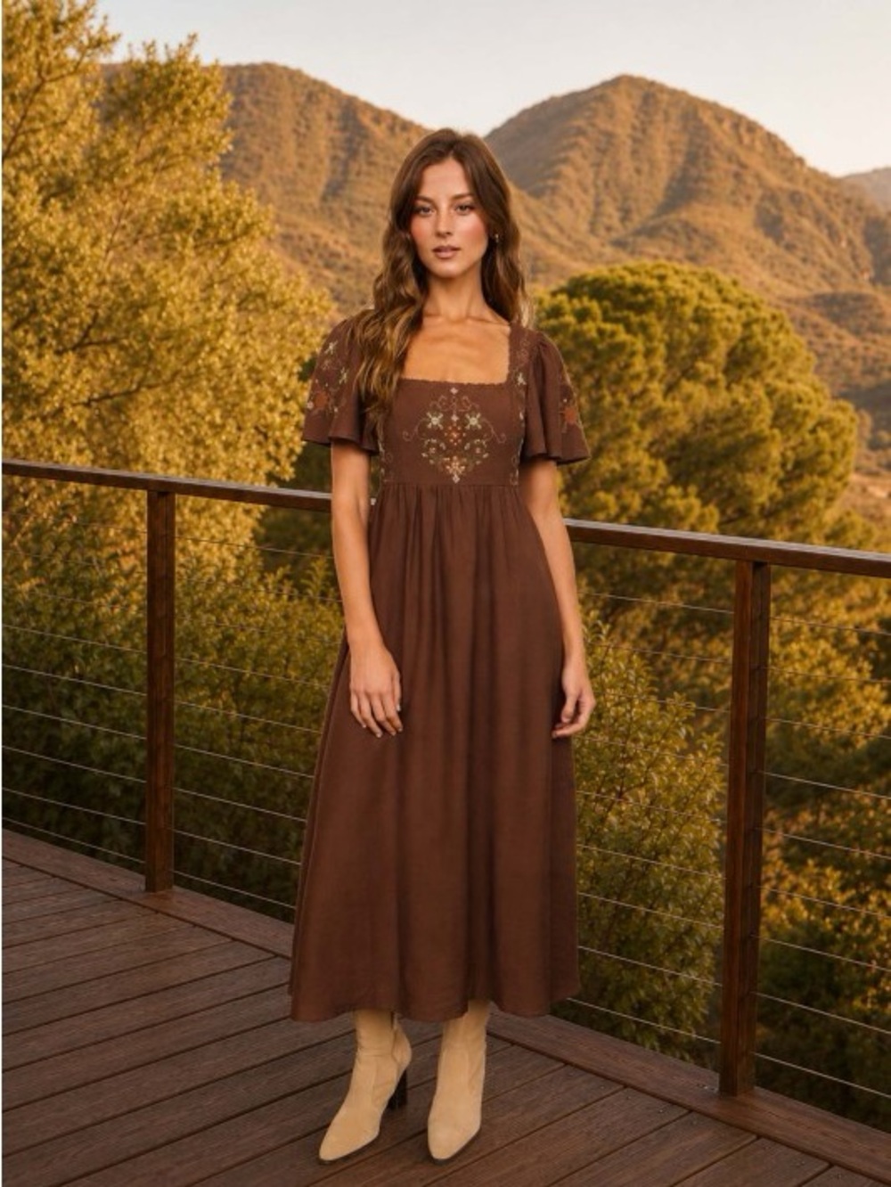 New Brown Embroidered Square-Neck Midi Dress
